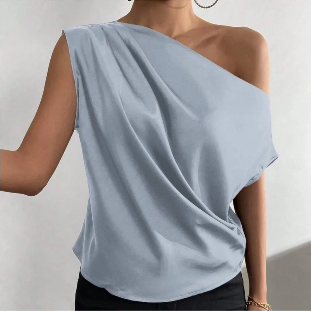 Light Blue Satin Draped Asymmetrical Blouse Top - Picture 2 of 9